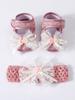 Baby Girls Lace Pearl Rhinestone Bow Crib Shoes & Matching Crochet Headband Set, Soft Dot Anti-Slip Magic Tape Mary Jane Princess Shoes