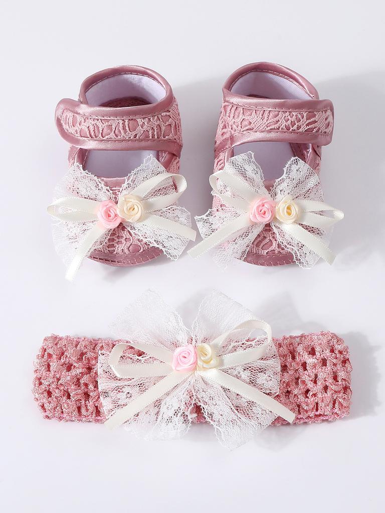 Baby Girls Lace Pearl Rhinestone Bow Crib Shoes & Matching Crochet Headband Set, Soft Dot Anti-Slip Magic Tape Mary Jane Princess Shoes