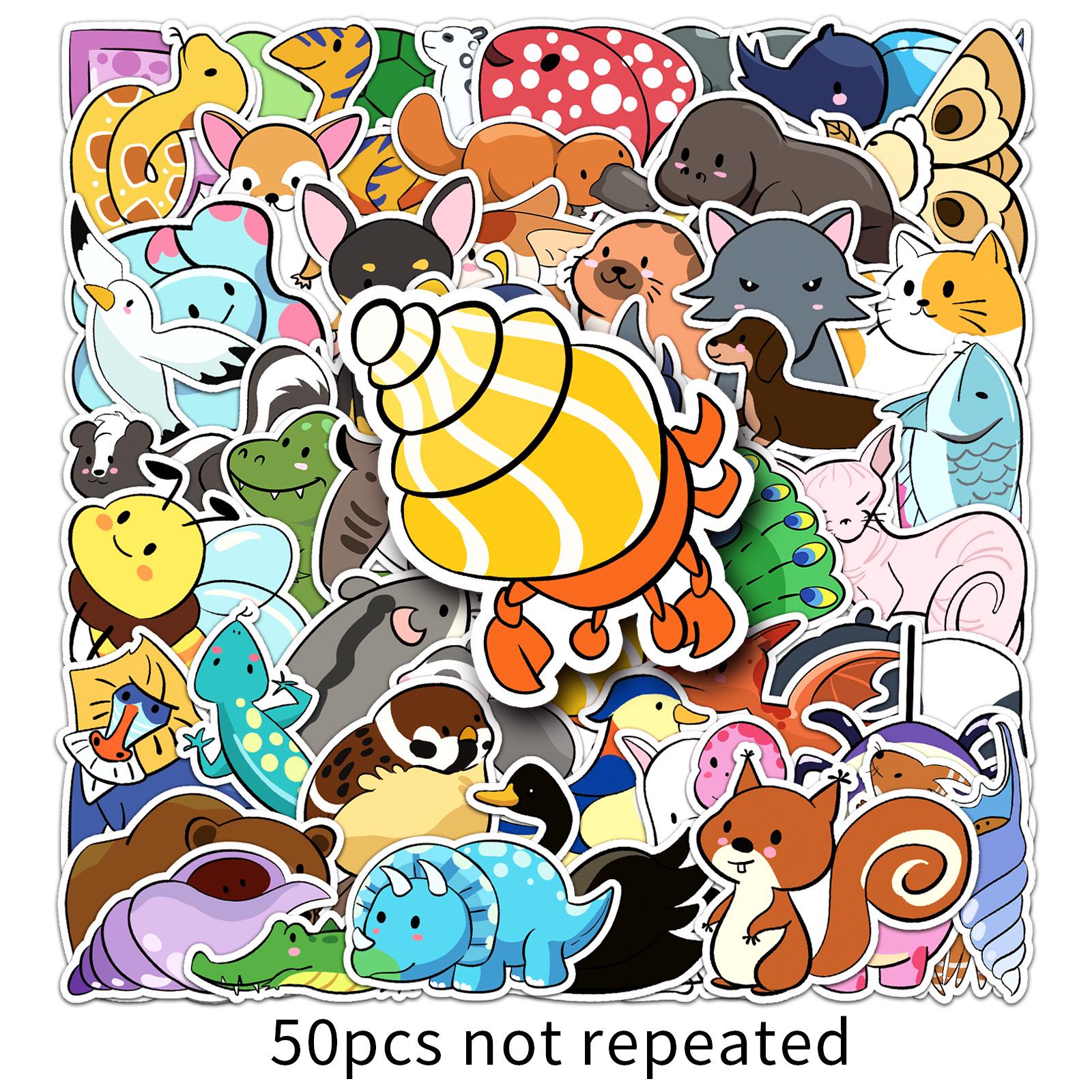 50 Original Hand-Drawn Cute Animal Cartoon Stickers for Skateboards, Water Bottles, and Phones