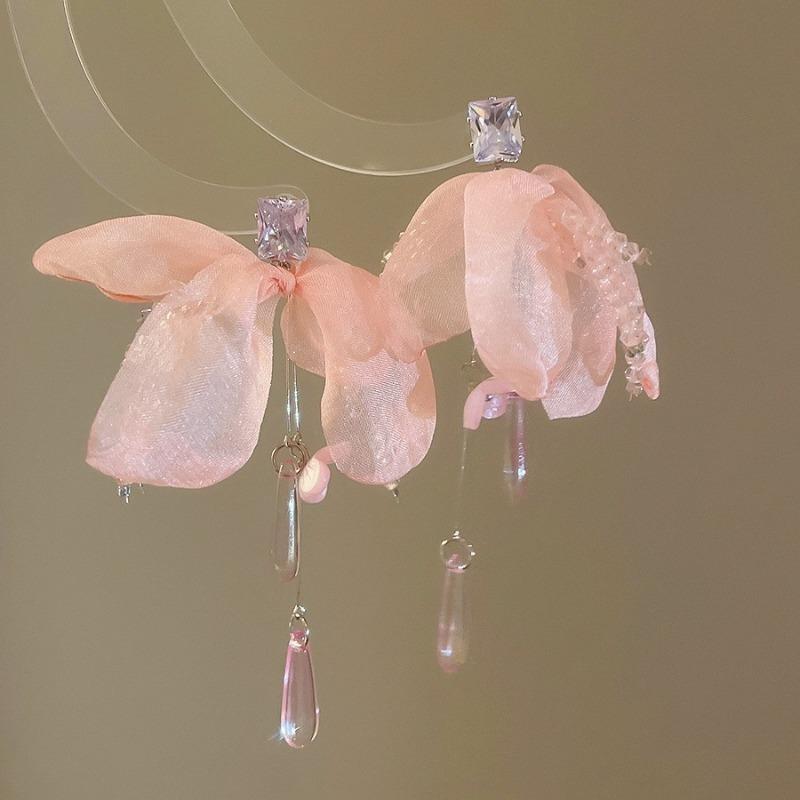 Silver Needle Pink Chiffon Flower Fringed Stud Earrings Small Fresh and Sweet Vacation Style Earrings Light Luxury High-end Earrings Women