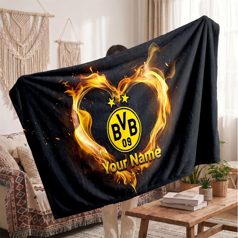 Couverture en polaire personnalisée Borussia Dortmund avec logo de football, texte de nom personnalisé, couverture d'appoint douce et chaude pour la maison