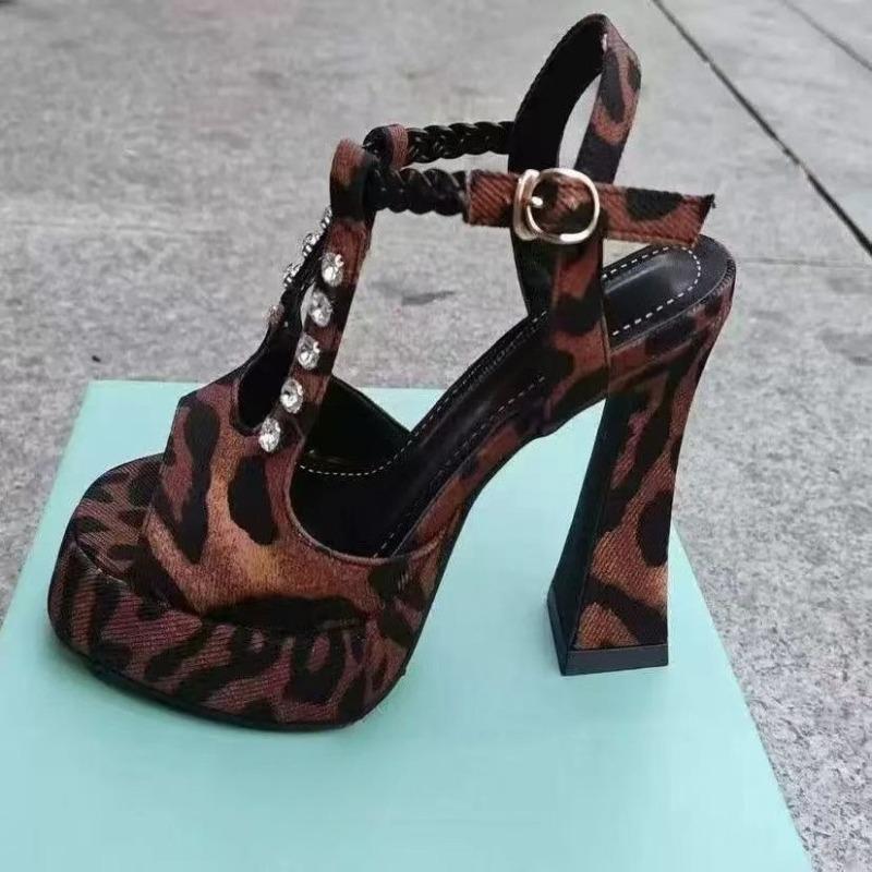 Fashion Leopard Retro Style Sandals Fashion Women's Square Toe Cutout Rhinestone Platform Slip Hand Fish Mouth High Heels