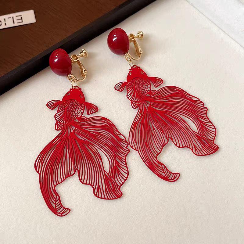 New Chinese Red Koi Ear Clips Without Ear Piercings, National Style, Festive And Exaggerated Earrings, Wedding Bride Earrings, Women