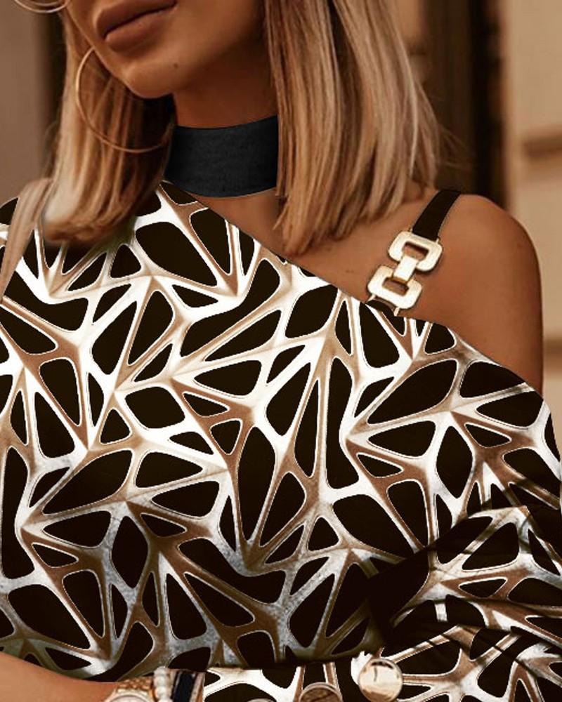 2023 Hot-Selling Women's Autumn/Winter Long Sleeve Chain Halter Print Button Top