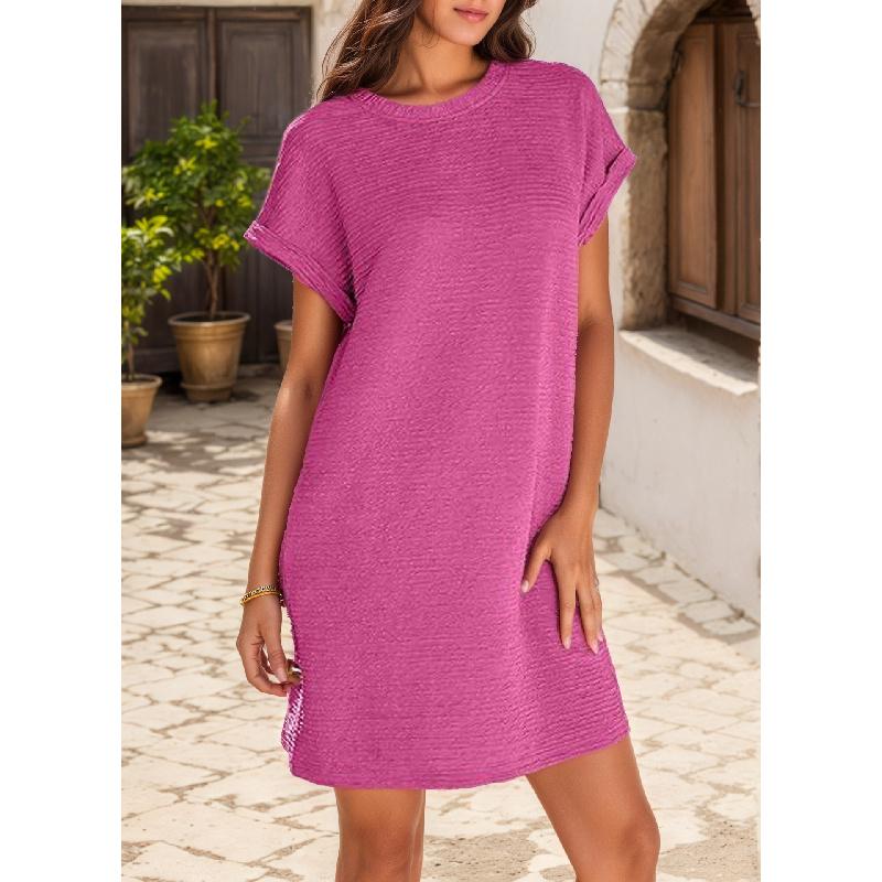 Women'S Fashionable Solid Color Short Sleeved Round Neck Casual Sports Short Dress With Pockets