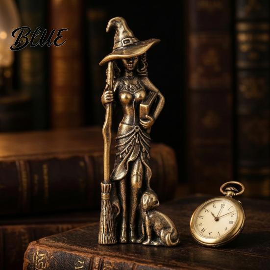 Gothic Tabletop Decoration Brass Witch Statue with Cat Vintage Metal Figurine Collectible Fantasy Retro Copper Tea Pet Halloween Desk Ornament