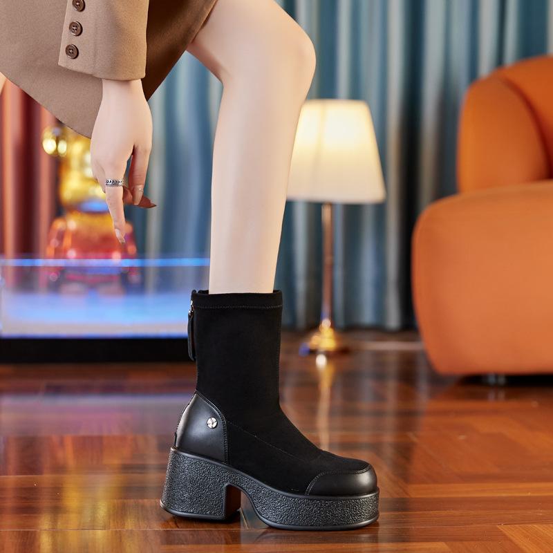 85712025 Winter new platform high heels thick heel short boots women's boots sheepskin women's boots soft pure leather Martin boots