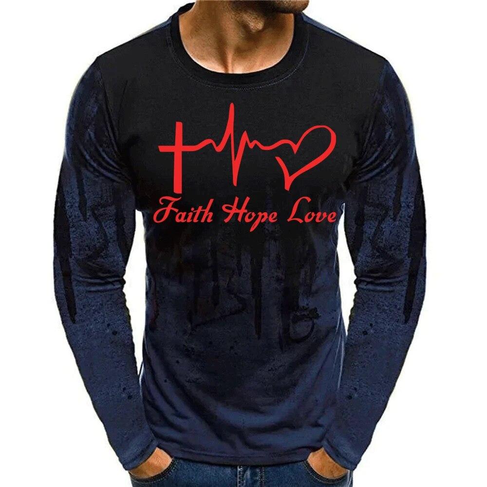 Faith Hope Love Painting 3d Print Men's Long Sleeve T-shirt Spring Autumn Jesus Heart O-Neck Pullover Fashion Street Tops