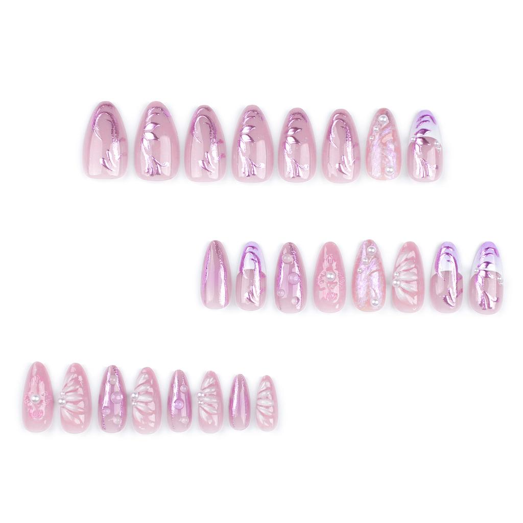 24 Pieces Handmade Magic Mirror Powder 3D Three-dimensional Manicure Fake Nail Flower Pearl Wearing Nail Piece Bubble Bead Wearing Nail