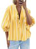 Womens Summer Striped Puff Sleeve Babydoll Blouse V Neck Loose Fit Top