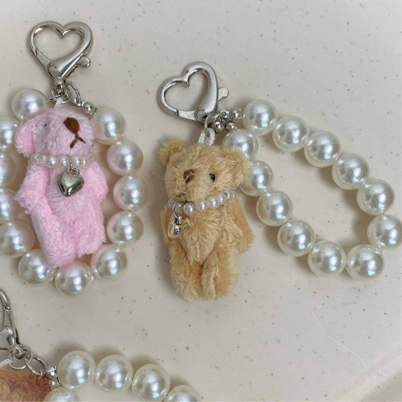 Modern Plush Bear Phone Charm Keychain with Imitation Pearls Bag Pendant Keyring Comfortable to Carry for Daily Use