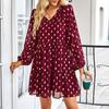 Women's Fashion Long Sleeve V-Neck Pleated Polka Dot Casual Loose High Waist Dress