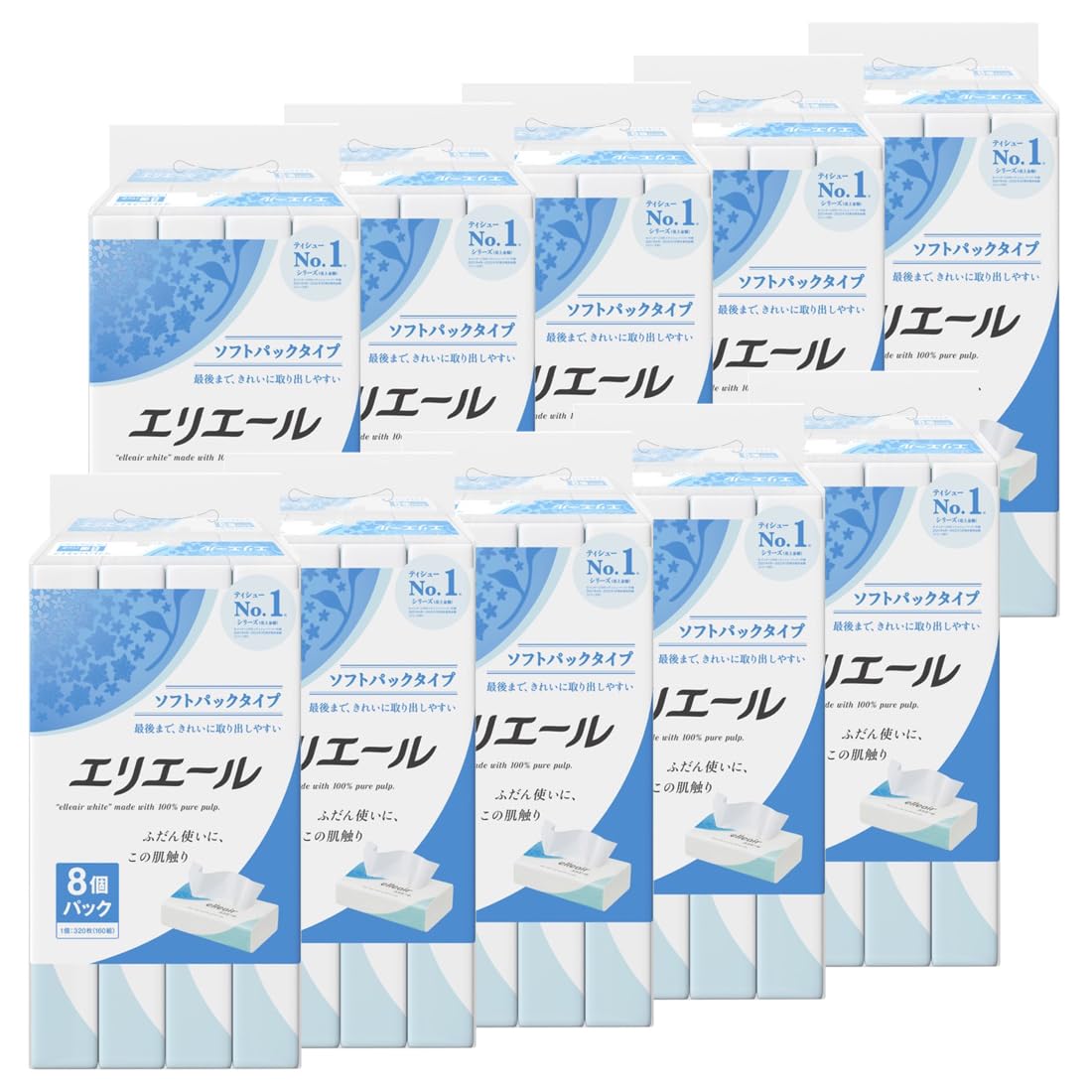 

Мягкая упаковка салфеток Elleair Tissue 160 пар x 80 упаковок (8 упаковок по 10 штук) [Продается в случае]