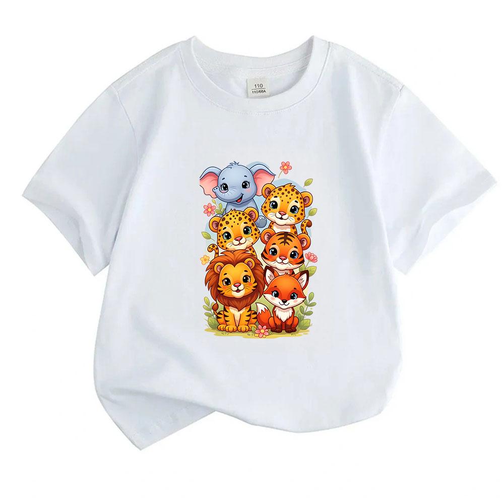 Cute Safari Animal Cartoon Print Kids T Shirt, 100% Cotton Short Sleeve O-neck Casual Tees for Boys Girls, Elephant Leopard Lion Fox Pattern Soft Comf