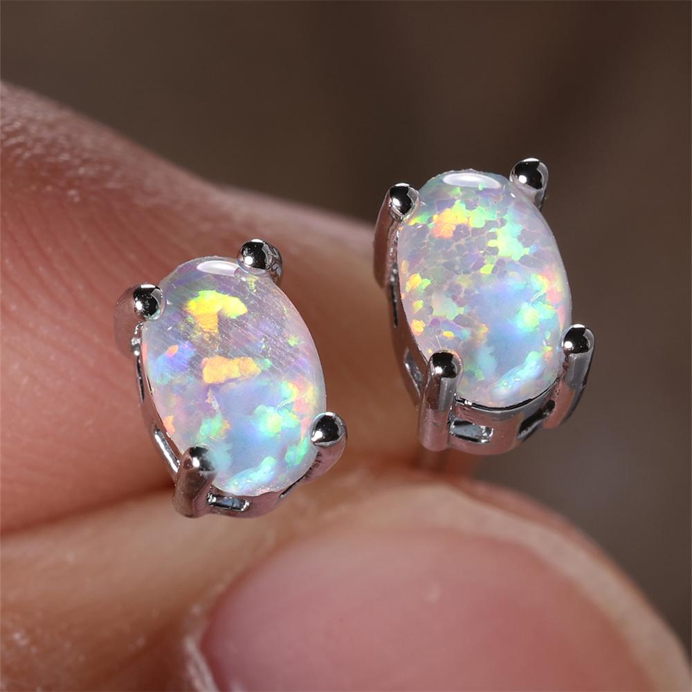 White Blue Green Opal Oval Stone Small Stud Earrings For Women Boho  Silver Color Wedding Jewelry Bridal Engagement Gifts