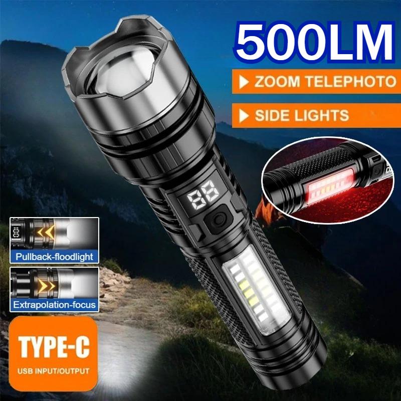 5 Modes USB Rechargeable LED Flashlight Powerful Zoom Torch with COB Side Lights Outdoor Emergency Lantern Camping Portable Lamp