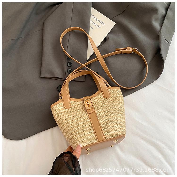 

Korean version of casual solid color temperament simple portable bucket bag for women versatile commuter knitted crossbody fashion straw bag