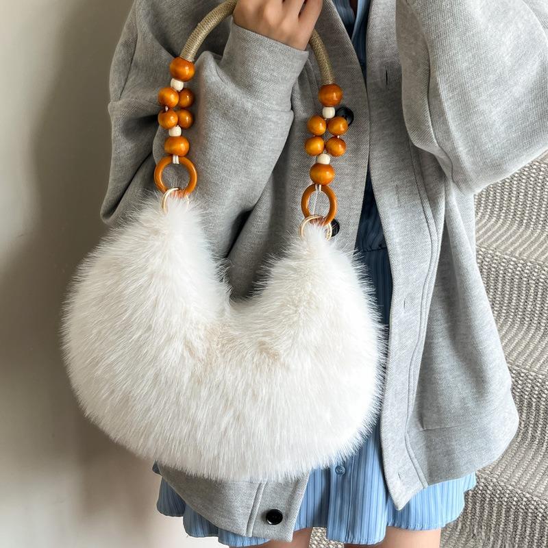 Autumn and Winter New Wooden Bead Portable Plush Shoulder Bag Handbag Texture Fashion Bag Female Sweet Cute Armpit Bag
