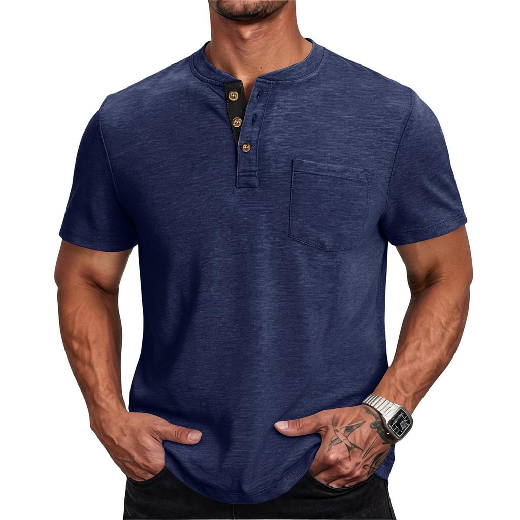 Men Henley Neck Short Sleeve T Shirt Casual Basic Button Front Athletic Fit Pullover Top with Chest Pocket for Everyday Wear