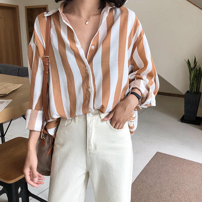 Spring Autumn Striped Printed Long Sleeve Shirt Women Loose Casual Blouse Female Elegant Fashion Buttuns Top