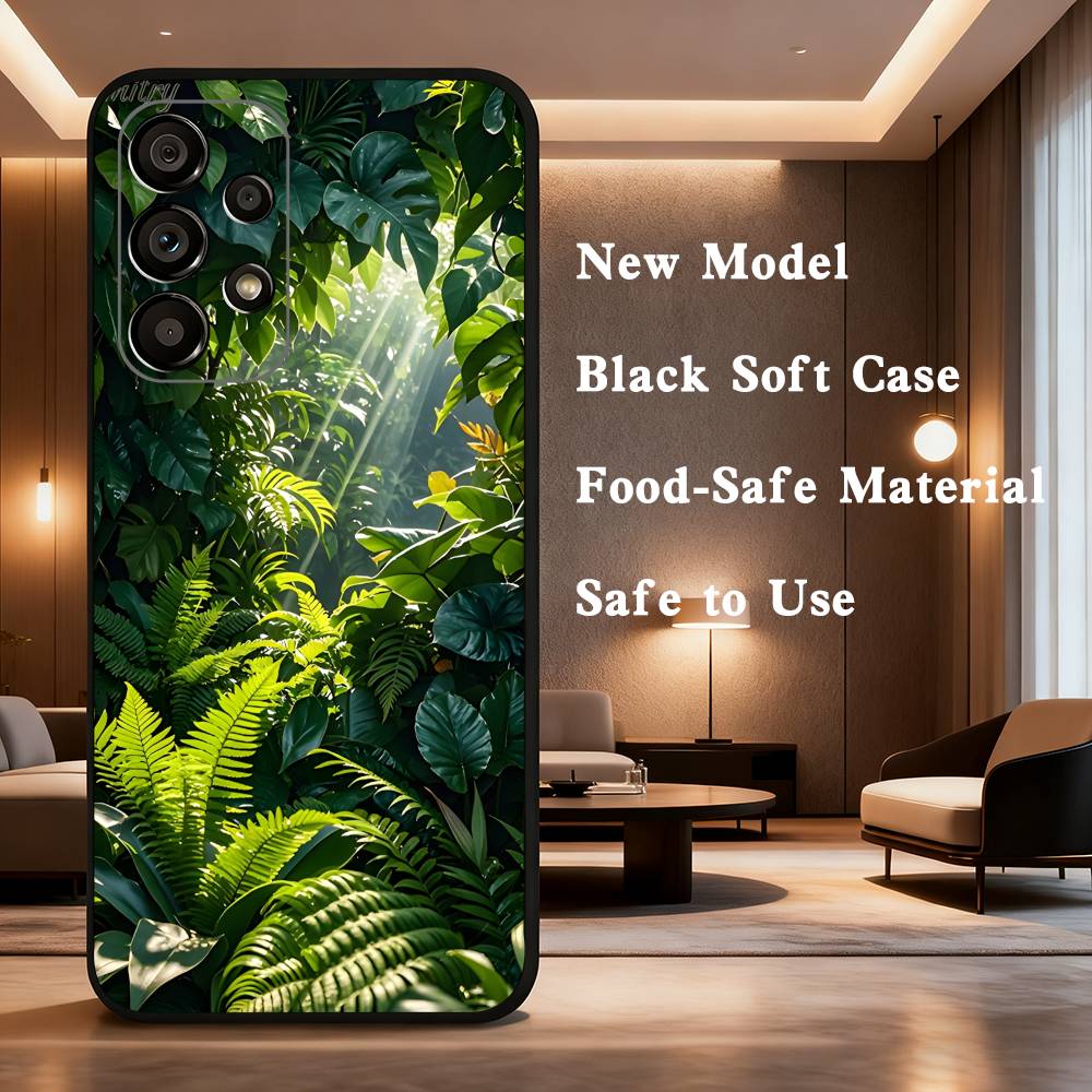 Handyhülle mit Palmenblatt-Motiv für Samsung Galaxy A73, 31, 32, 72, 41, 53, 52, 71, 22, 5G, Note, J7, 8, 9 – Weiche, schwarze Hülle