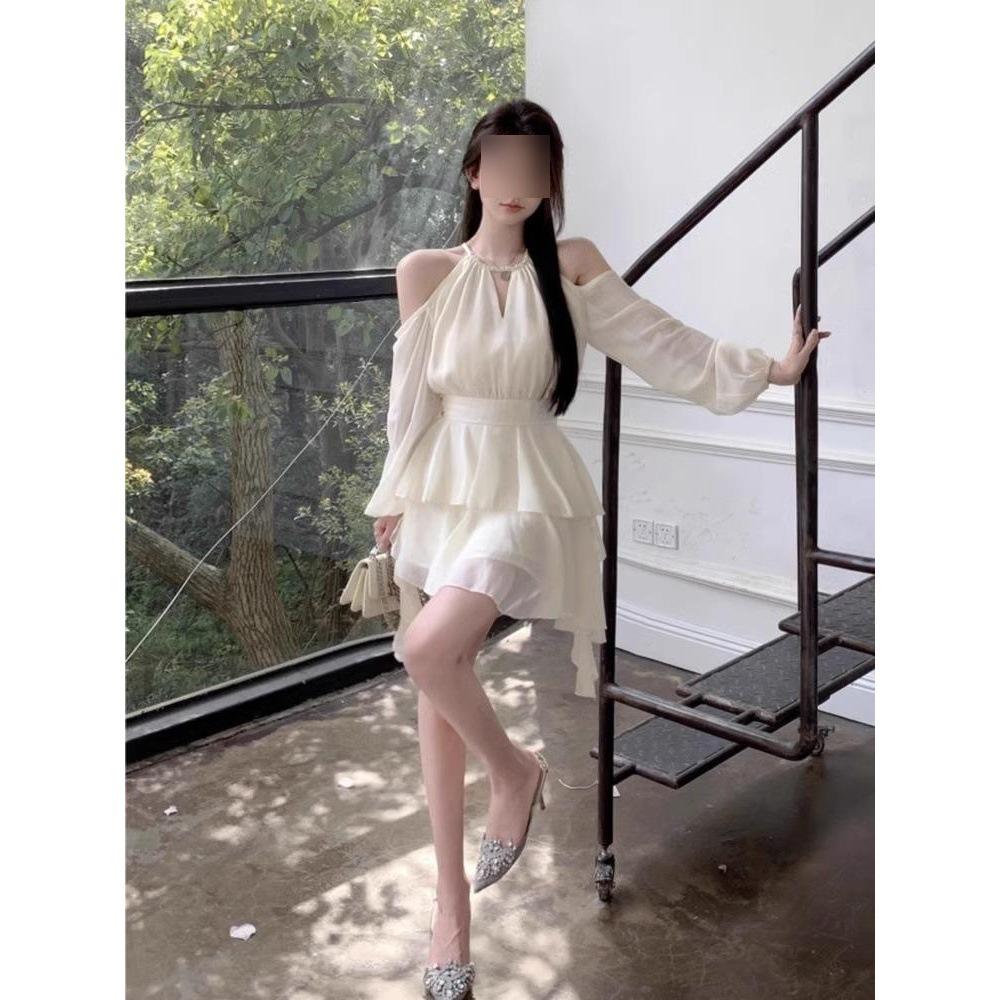 Super Fairy Temperament Short Apricot Off-the-shoulder Dress Women's New Casual Foreign Ruffled Halterneck Skirt In Summer