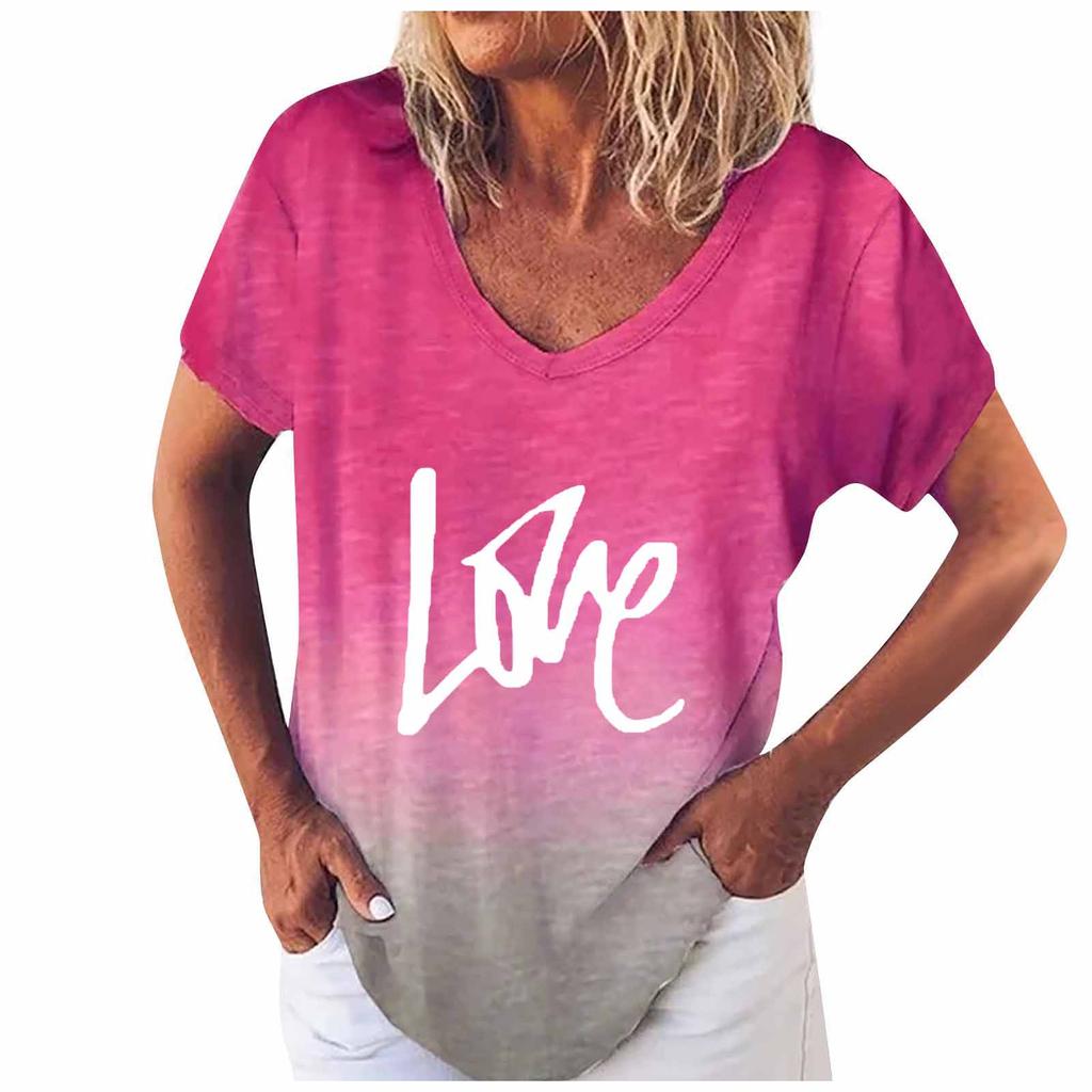 Women's casual short-sleeved V-neck gradient positioning printing T-shirt top