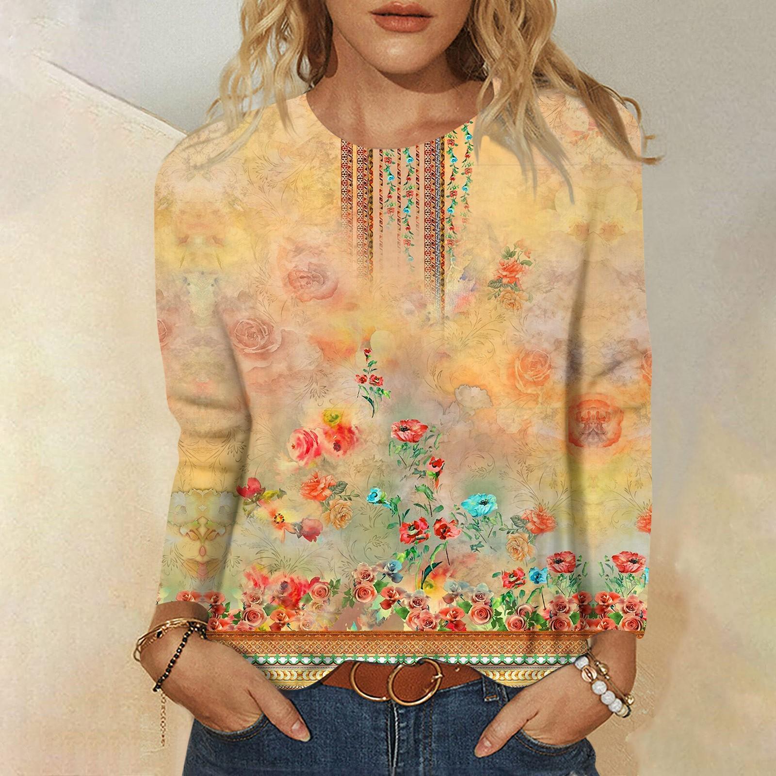 

Женская мода, повседневная блузка с длинным рукавом и круглым вырезом, пуловер с принтом XL жёлтый