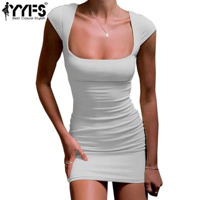 Women's Fashion Summer Spring Solid Color Print Short Sleeve Square Collar High Waist Casual Dresses