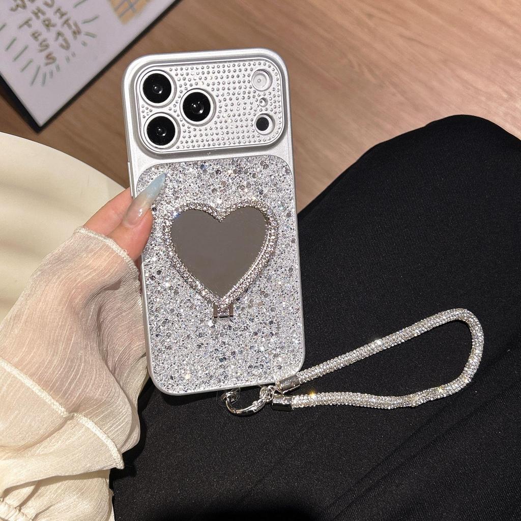 Apple 17 Pro Max High-End Rhinestone Mirror Stand Case for Women - Drop-Proof, Stylish Fit for 16 Pro and 15/14/13 Series.