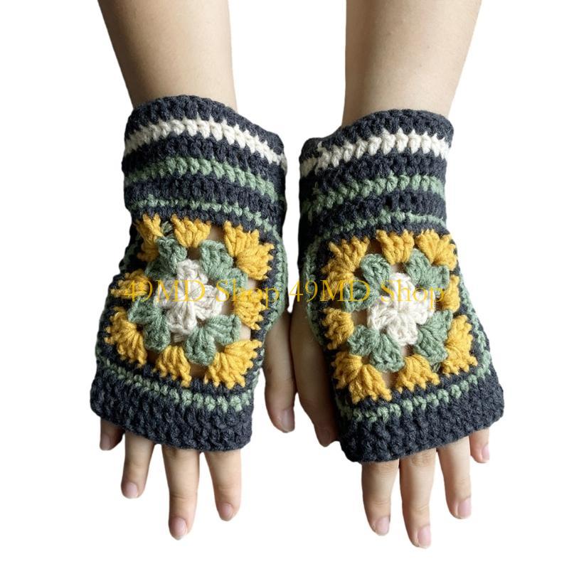 49MD Wrist Length Knit Glove Winter Half Finger Floral Pattern Glove for Teens Skiing