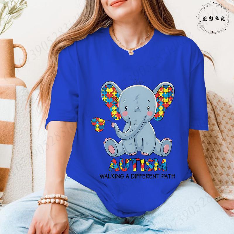 Unisex's Autism Awareness T-shirts: Cute Elephant Puzzle Graphic Tops Walking A Different Path Short Sleeve Autism Support Tees