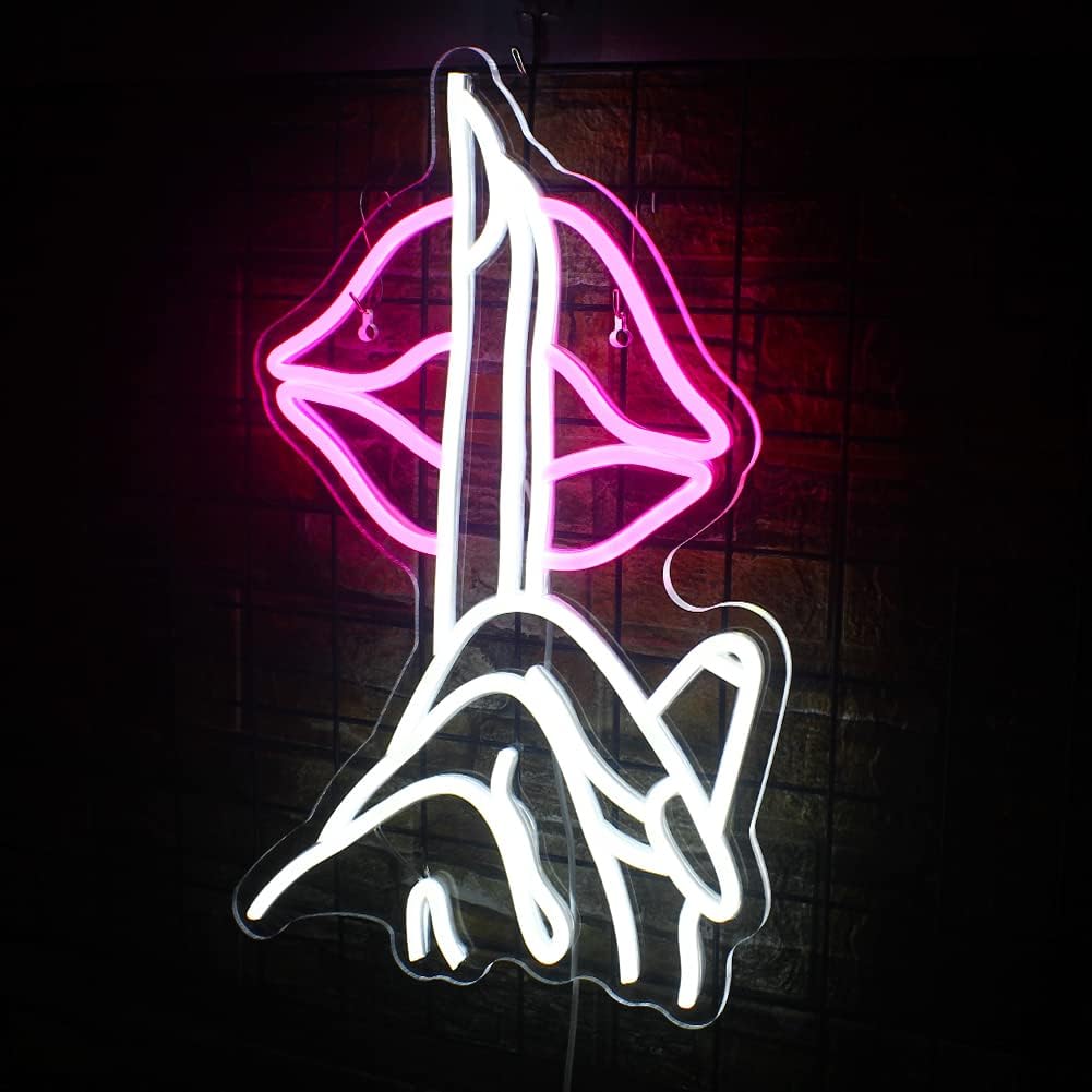 Lips Neon Sign Shh Gesture Led Neon Lights for Wall Decor USB Powered Chic Neon Lips Light Signs for Bedroom Home Bar Man Cave Beer Cafe Birthday