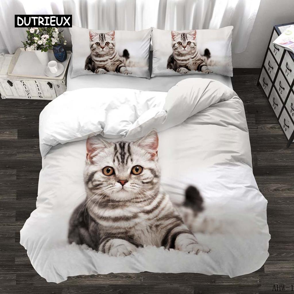 3D Digital Printing 2/3pc Animal Cat Pattern Quilt Cover Pillowcase Double Bed Set Cover Quilt Soft Microfiber Bedding Set