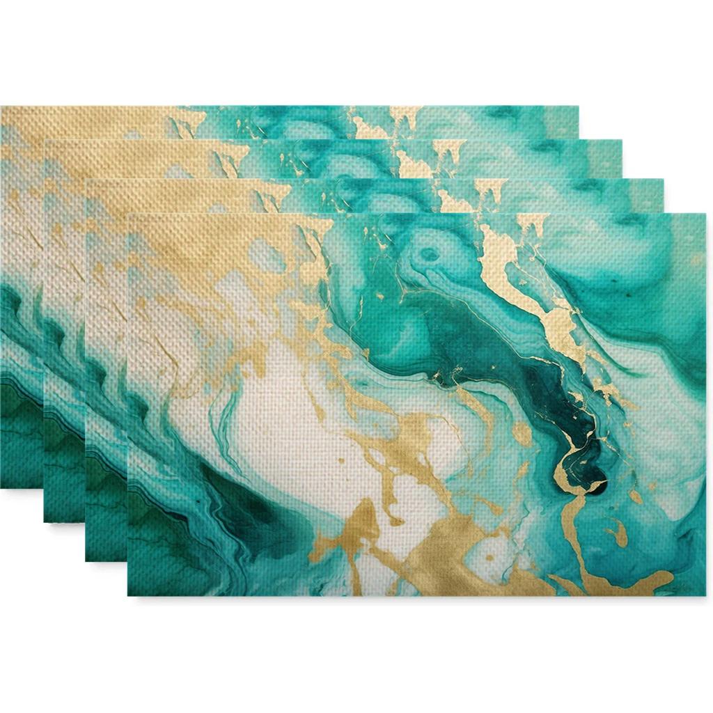 Anti Fouling and Heat-insulating Table Mat 4PC Placemat Watercolor Marble Printed Fabric Linen Placemat  Western Style Placemat