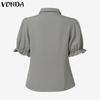 VONDA Women Turn-down Collar Short Sleeve Slim Waist Casual Short Blouse