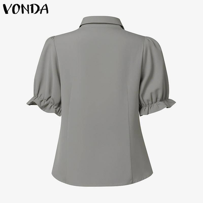 VONDA Women Turn-down Collar Short Sleeve Slim Waist Casual Short Blouse