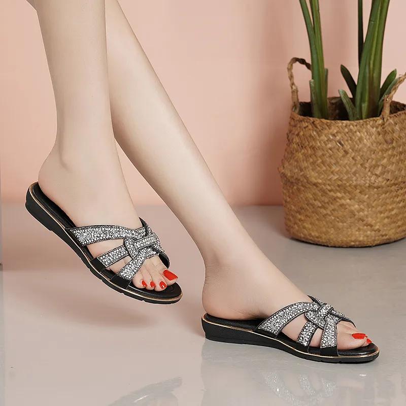 Fashion GKTINOO 2025 Summer Fashion New Sexy Casual Comfortable Slides Shoes Crystal Sandals Open Toe Flat Heel Slippers Zapatos Mujer