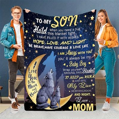 Cozy Flannel Fleece Throw Blanket for Son from Mom - "to My Son" Wolf Howling At Moon Design, Soft & Warm, Perfect for All Seaso