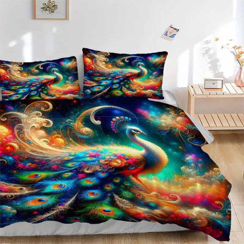 3pcs Peacock in a Vibrant Dreamlike Landscape Pattern Bedding Three-Piece Set (1 Cover + 2 Pillowcases, No Fillings), This Printed Bedding Set Is