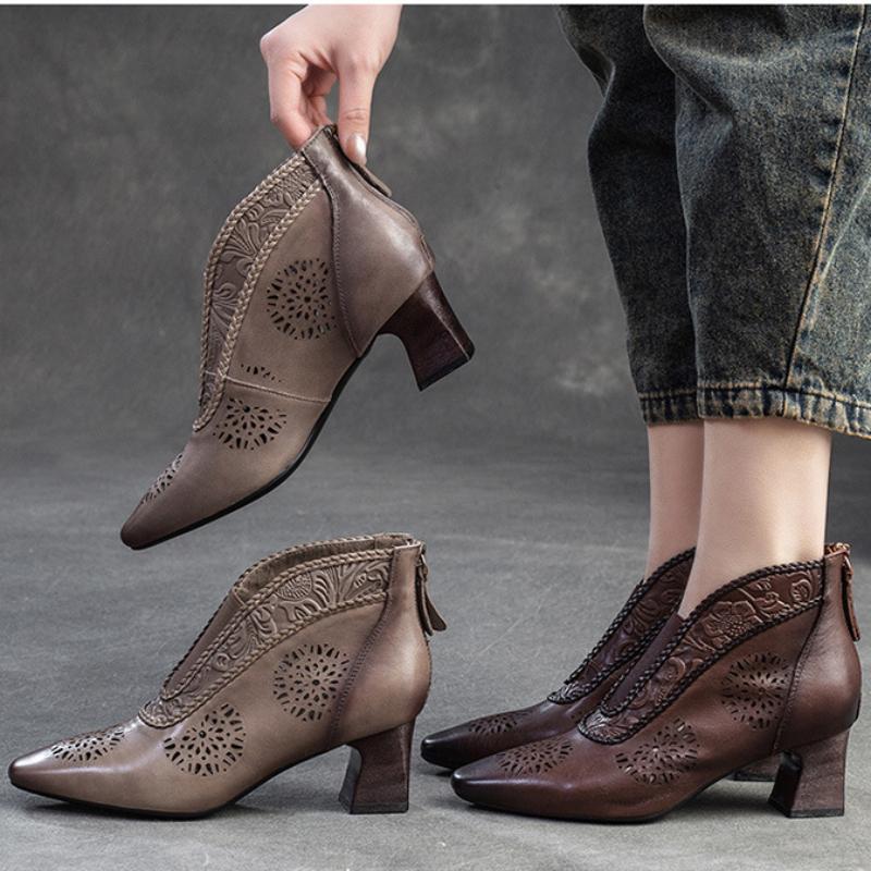 Johnature Sandals Genuine Leather Breathable Hollow-out Boots Retro Pointed High Heel Commuter Women's Shoes