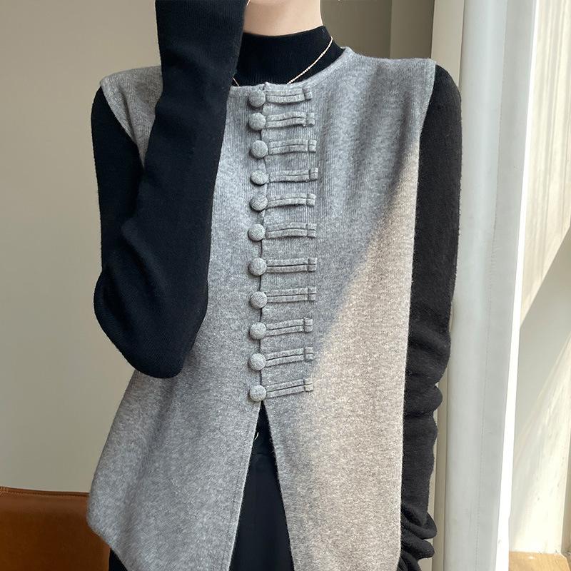 

Новый китайский круглый вырез с пряжкой из пряжки вязаный жилет женский повседневный осенне-зимний комплект без рукавов 2XL серый