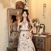 Bohemian Retro Sweet Long Dress Butterfly Print Dress Super Fairy Floral Beaded Loose and Thin Suspender Skirt