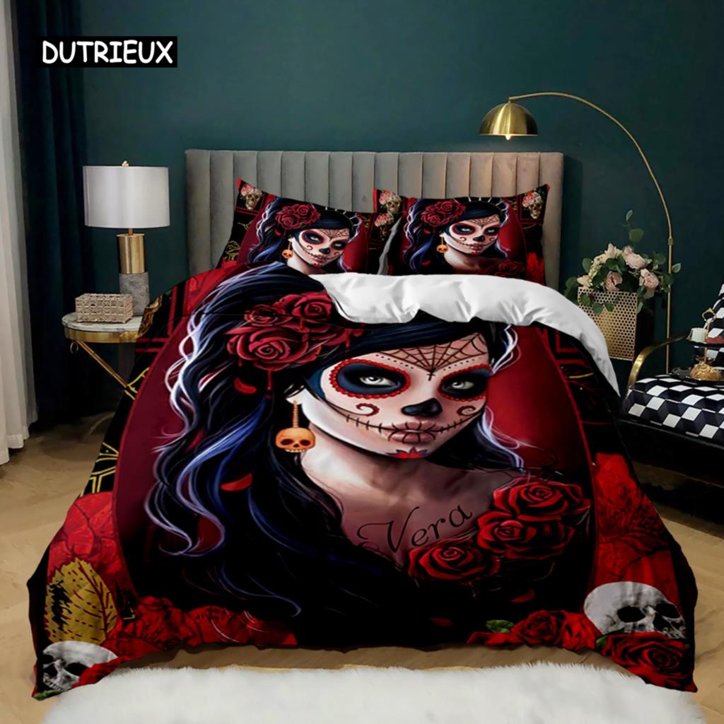 Skull Duvet Cover Red Rose Skeleton Queen Floral Skeleton Traditional Mexican Halloween Double Queen King Polyester Qulit Cover
