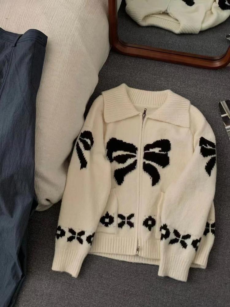 Autumn French Fashion Sweet Knitted Cardigan Women Harajuku White Design Aesthetic Print Sweater Female New Casual Elegant Chic Warm Coat