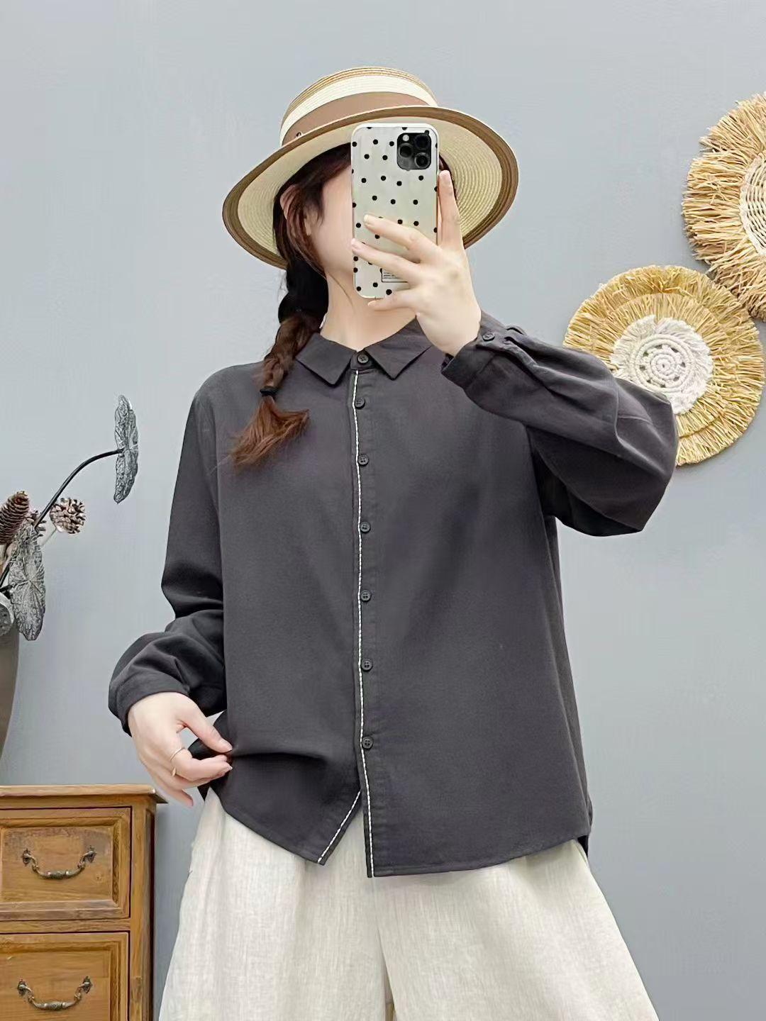 2025 Fall Collection: Korean-Style Embroidered Cotton Long Sleeve Casual Shirt Medium серый