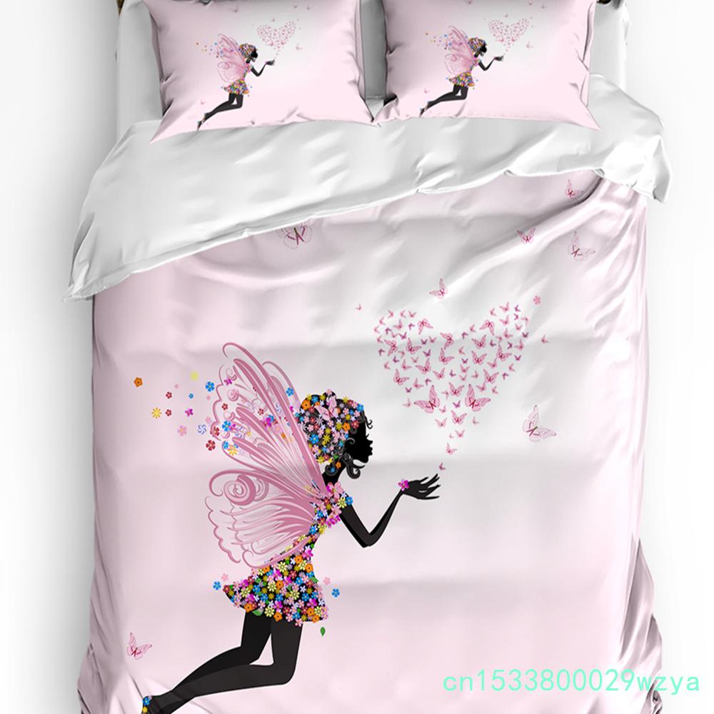 Pink Girl Flower Butterfly Duvet Cover Bed Bedding Set Home Textile Quilt Cover Pillowcases Bedroom Double Bedding Set No Sheet