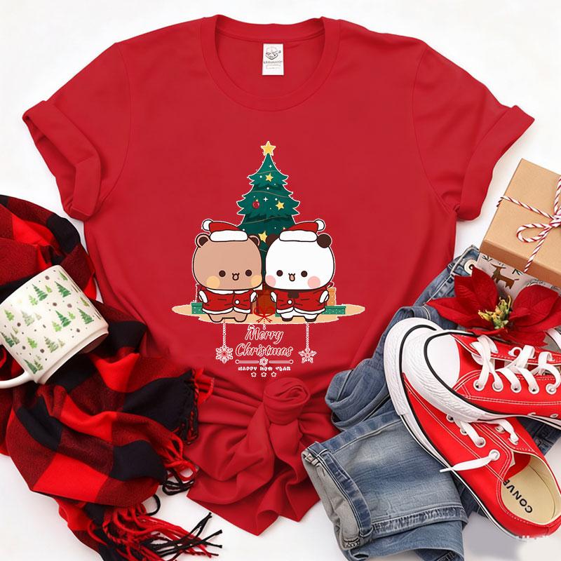 Kawaii Bubu Dudu Christmas Tree Graphics Tshirt Trendy Funny Cartoon Christmas Shirt Novelty Holiday Party Couple Cotton Tees