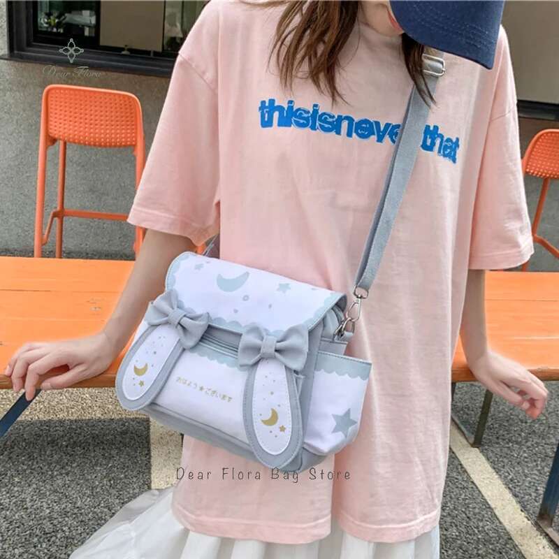 Y2K Cute Girl Lolita Bow Rabbit Shoulder Bag Women Star Moon Canvas Crossbody Bags Korean Kawaii Satchel Bag Sweet Messenger Bag