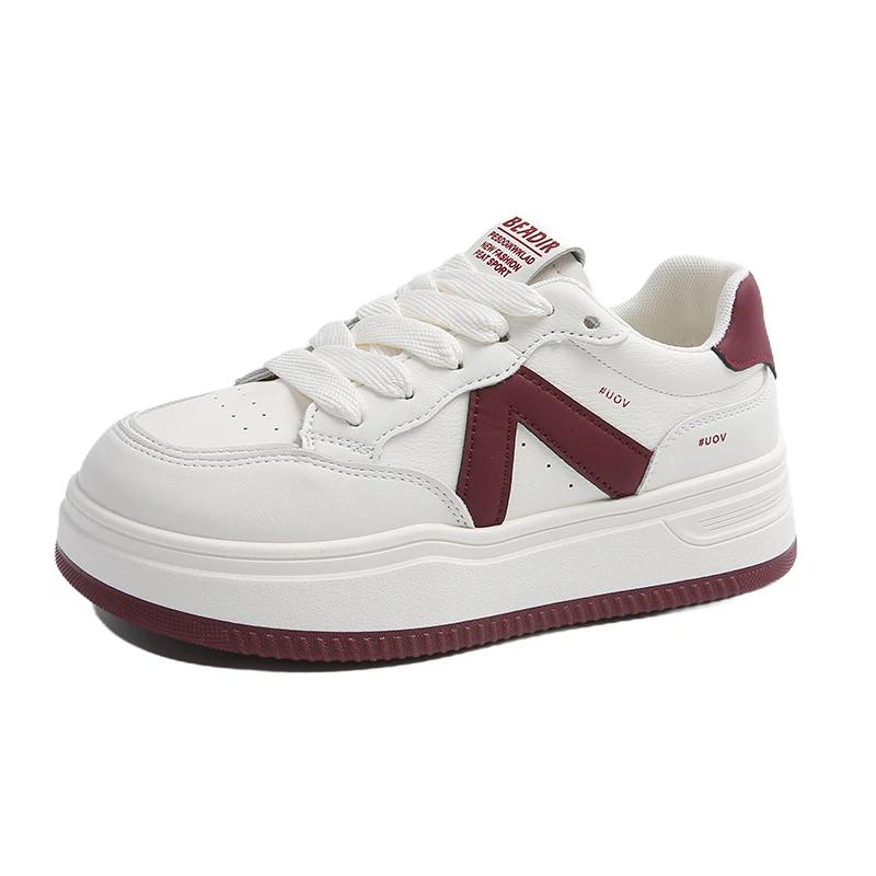 2025 New Women Leather Flat Shoes Autumn Breathable Vulcanized White Sports Lace Up Thick Soled Casual Shoes for Women